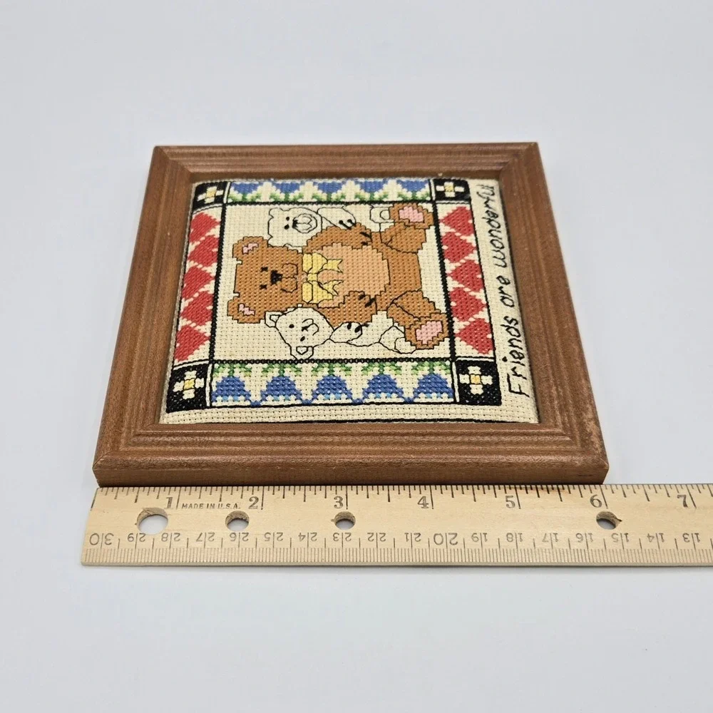 Vintage Framed Cross Stitch Teddy Bears Friends Are Wonderful‎ Wood Frame Art